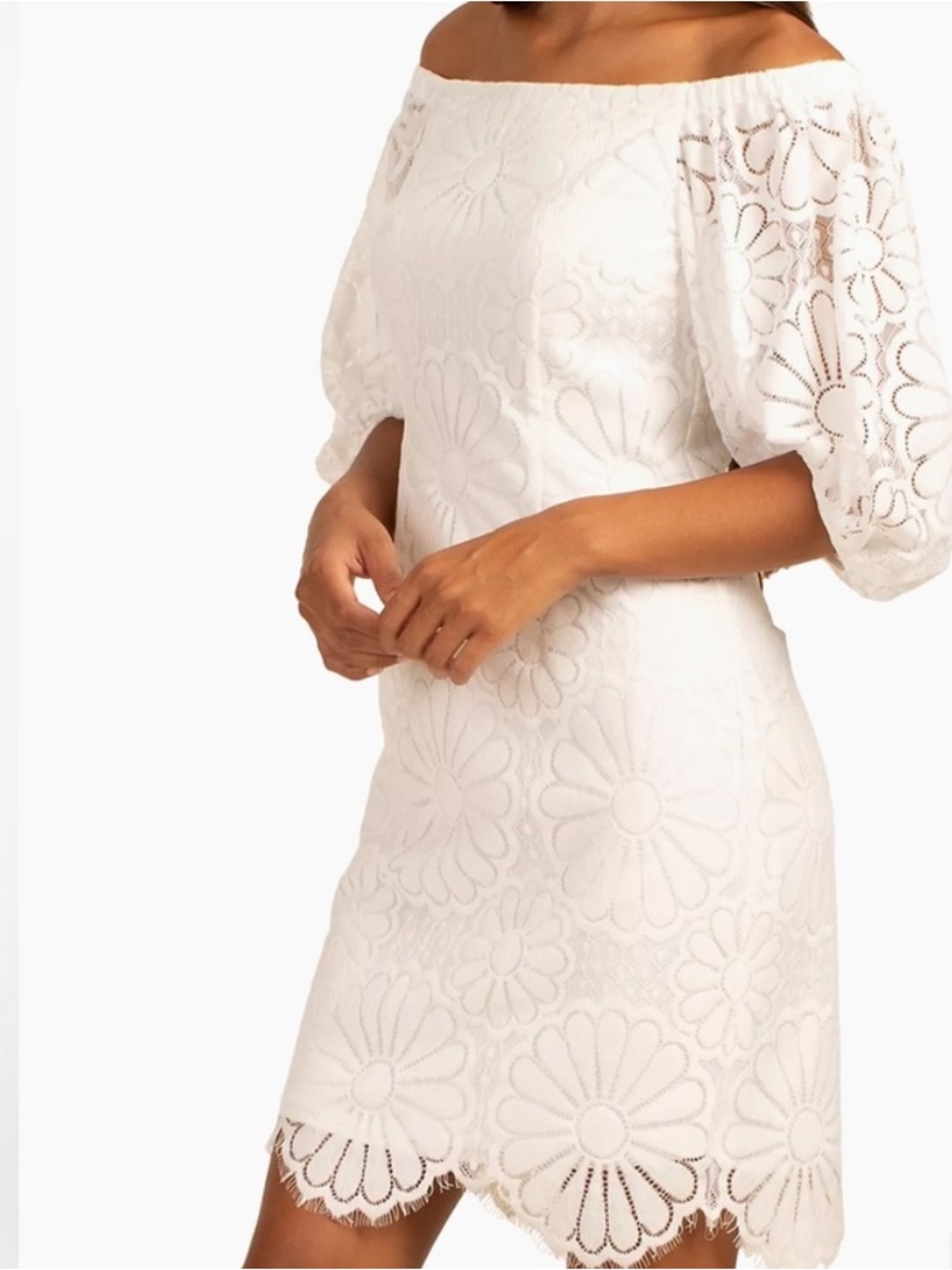Trina Turk Off-Shoulder White Lace Floral Dress